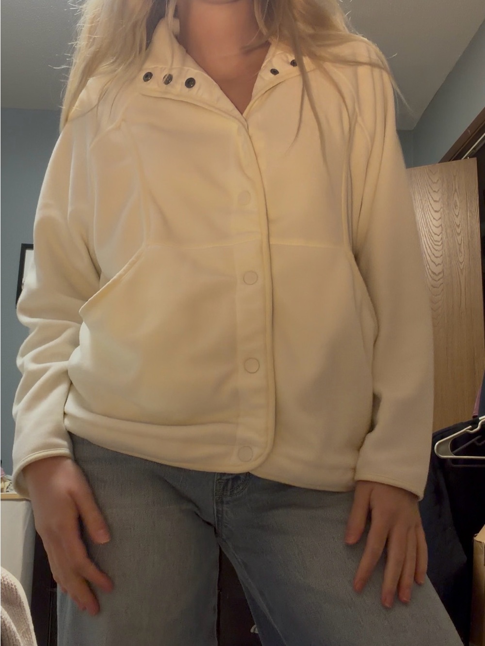 Lands' End Cream Snap-Front Teddy Fleece Jacket